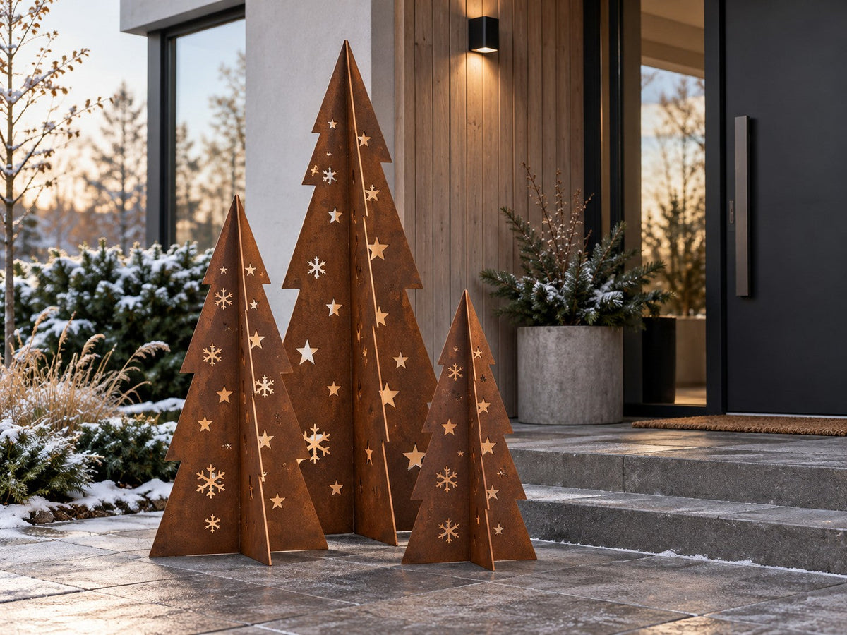 Corten steel Christmas tree – with stars and snowflakes (80 / 120 / 180 cm)