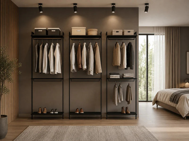 AXIS wardrobe system – black-lacquered, 72 × H205 cm, 2 rails plus 1 shelf