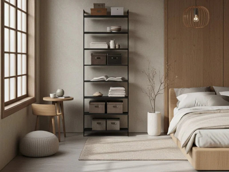 AXIS Regal aus schwarz lackiertem Stahl mit Textilien, Aufbewahrungsboxen und Dekoration im modernen Schlafzimmer.