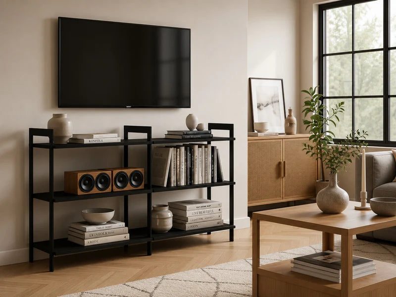 AXIS Regal aus schwarz lackiertem Stahl als TV-Möbel mit Büchern, Lautsprechern und Dekorationen.
