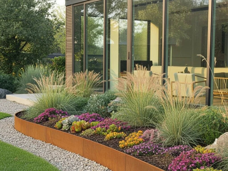 Beeteinfassung aus Cortenstahl mit Stauden im modernen Garten