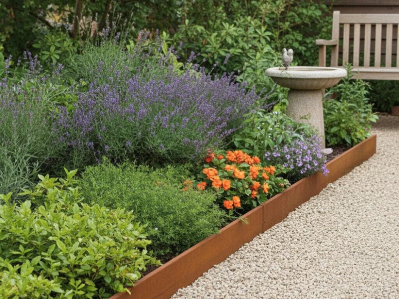 Beeteinfassung aus Cortenstahl im Staudengarten neben Kiesweg und Gartenbank