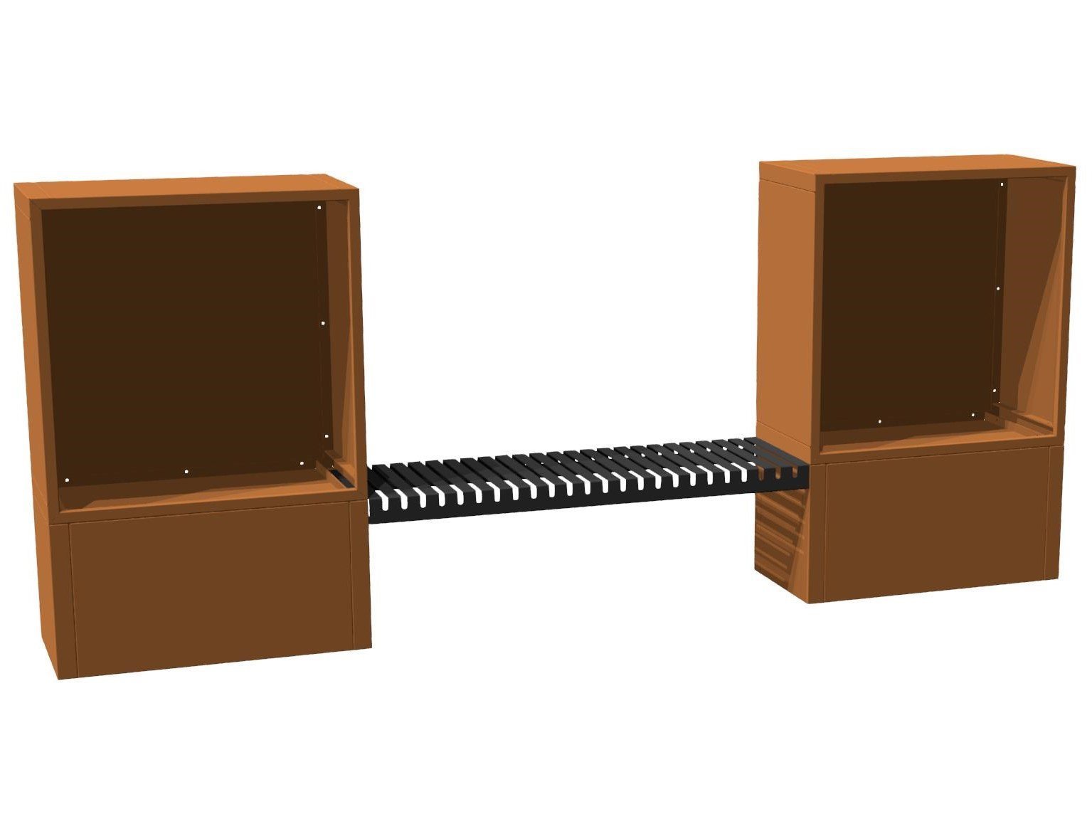 3D-Visualisierung eines Brennholzregals aus Cortenstahl mit integrierter Sitzbank