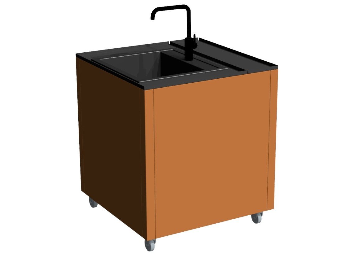 Mobiles Waschmodul für Außenküche aus Cortenstahl mit Rollen