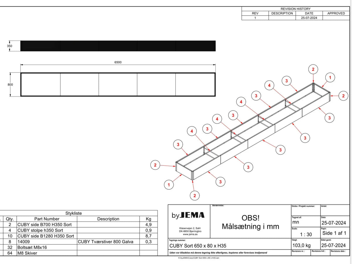 Technische Zeichnung eines byJEMA CUBY Hochbeets aus schwarz pulverbeschichtetem Stahl nach Sondermaß