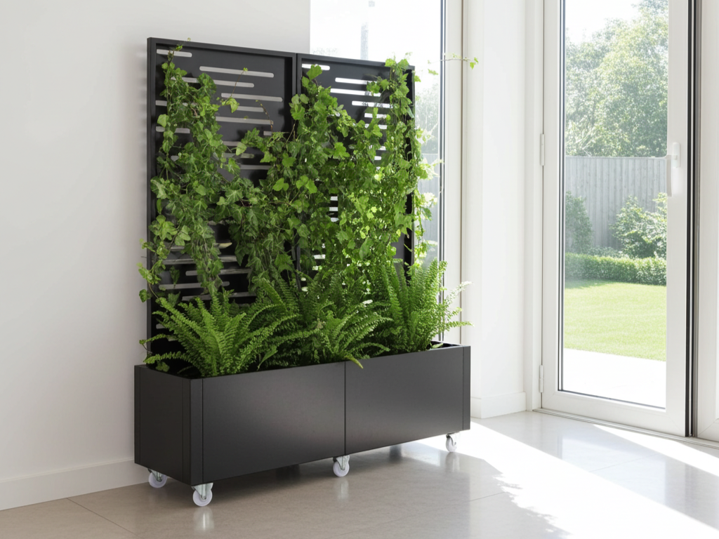 Schwarz lackierter Stahl-Pflanzkübel mit Spalier und Rollen, eingesetzt als grüner Raumteiler im Innenbereich.