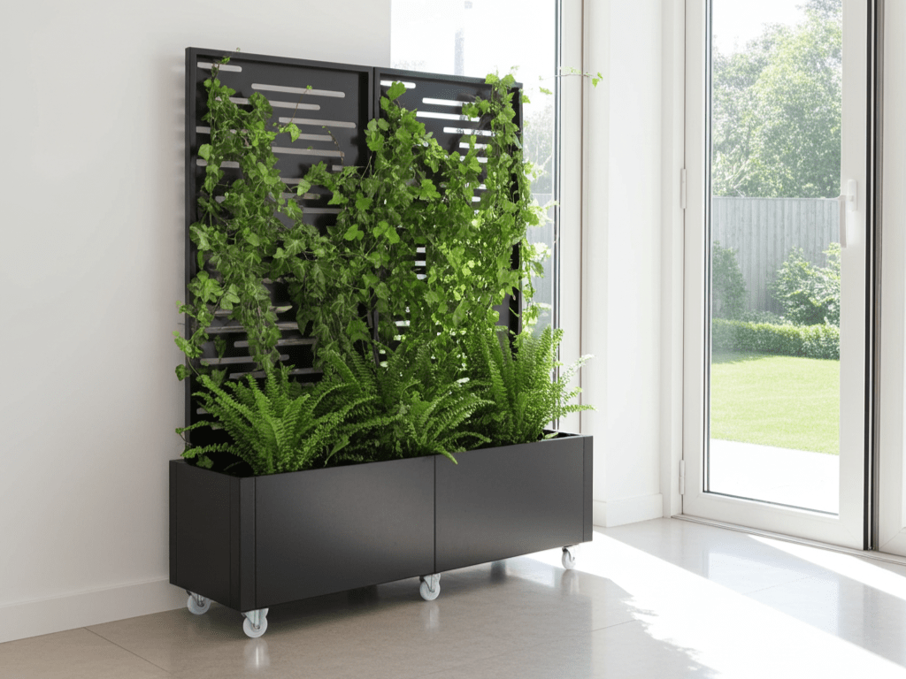 Schwarz lackierter Stahl-Pflanzkübel mit Spalier und Rollen, eingesetzt als grüner Raumteiler im Innenbereich.
