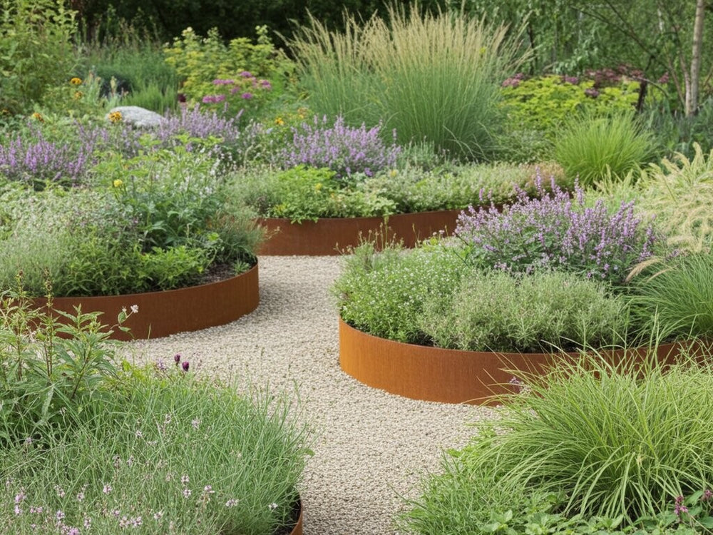 Mehrere runde Beeteinfassungen aus Cortenstahl mit Stauden und Gräsern im Garten