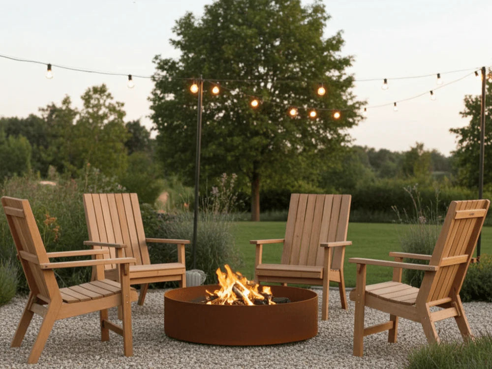 Runde Cortenstahl Feuerring im Garten mit brennendem Feuer und stimmungsvoller Beleuchtung