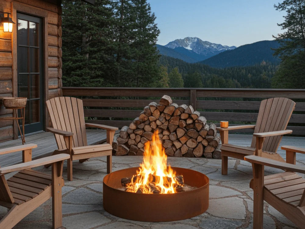 Runde Feuerring aus Cortenstahl auf Terrasse mit Bergblick und Sitzgruppe