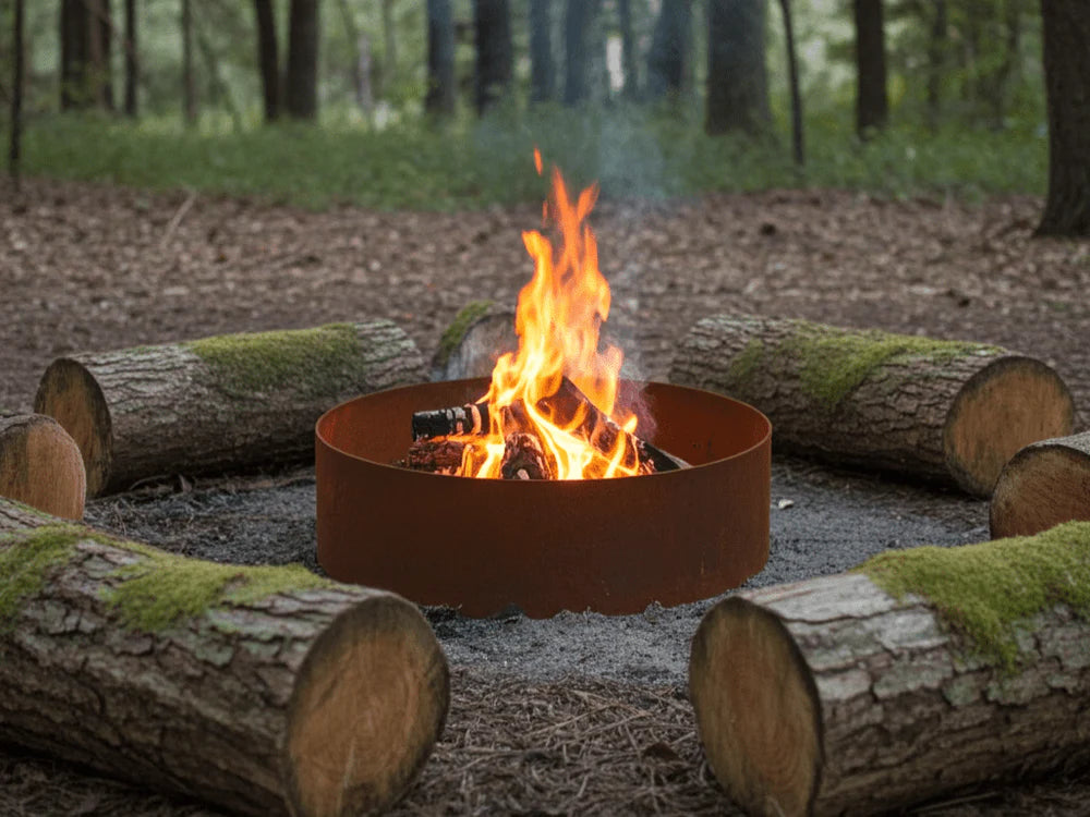 Runde Feuerring aus Cortenstahl als Feuerstelle im Wald mit Holzscheiten