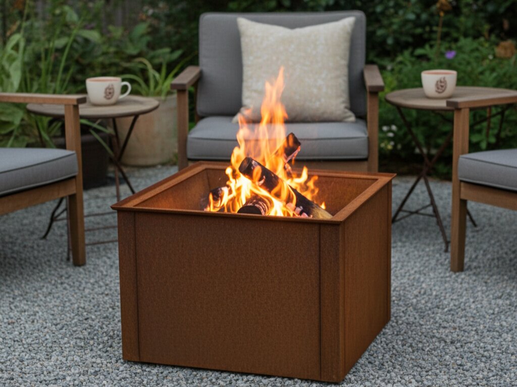 Quadratische Cortenstahl Feuerschale im Garten mit Sitzmoebeln und brennendem Feuer