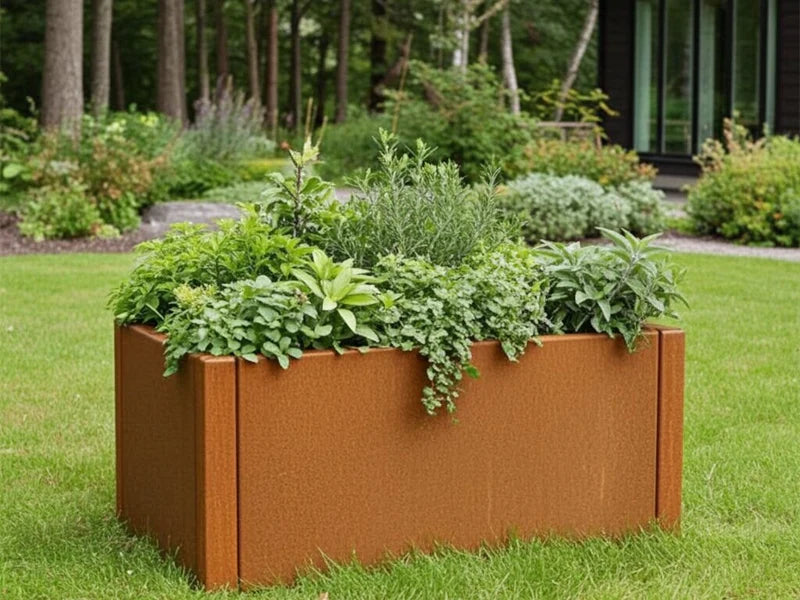 CUBY Pflanzkasten aus Cortenstahl mit üppigen Kräutern im Garten