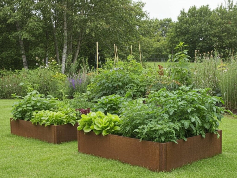 CUBY Hochbeet aus Cortenstahl im üppigen Gemüsegarten