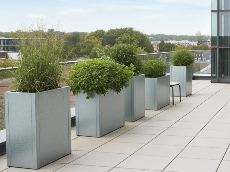 Hohe Pflanzkästen aus verzinktem Stahl von CUBY auf Dachterrasse