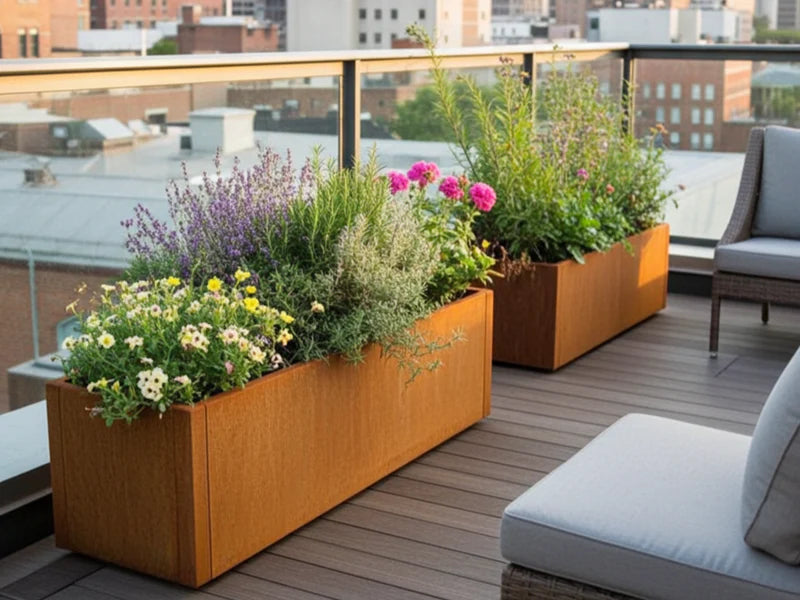 CUBY Pflanzkasten aus Cortenstahl mit Blumen auf Balkon
