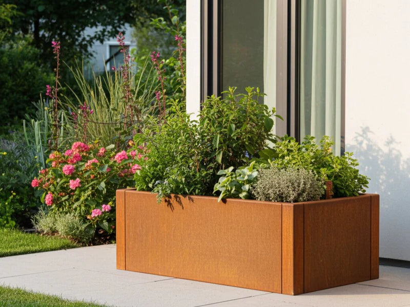 CUBY Pflanzkasten aus Cortenstahl mit Pflanzen auf Terrasse