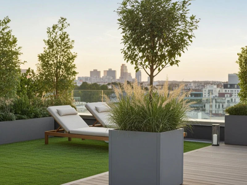 CUBY hoher quadratischer Pflanzkübel aus verzinktem Stahl mit Ziergräsern auf Dachterrasse