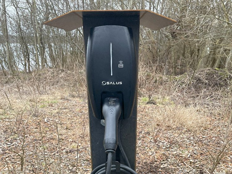 Frontansicht einer E-Ladestation aus Cortenstahl in natürlicher Umgebung