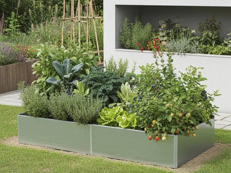 EDGY Hochbeet aus verzinktem Stahl mit Salat, Kräutern und Beeren