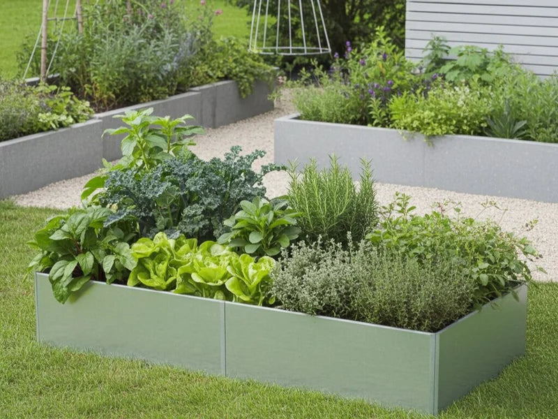 EDGY Hochbeet aus verzinktem Stahl eingebettet in moderne Gartenanlage