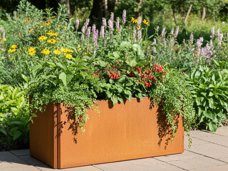 Kompakter rechteckiger EDGY Pflanzkübel aus Cortenstahl im Naturgarten