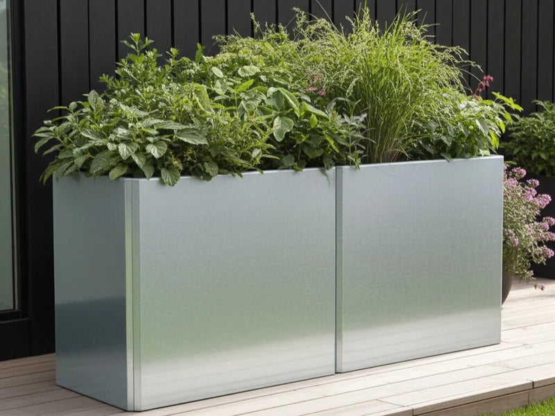 Zwei verbundene EDGY Pflanzkübel aus verzinktem Stahl vor dunkler Holzfassade