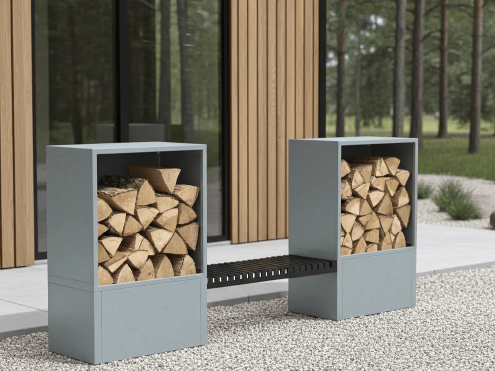 Feuerholz Aufbewahrung aus verzinktem Stahl mit Sitzbank im Garten