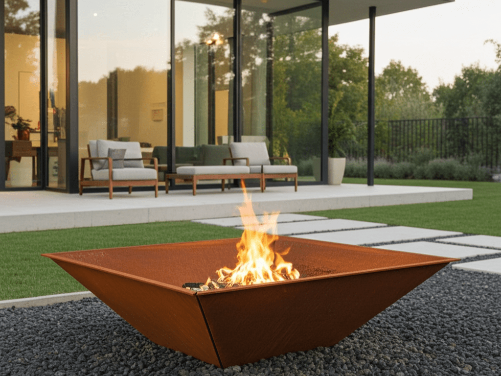 Moderne Feuerschale aus Cortenstahl mit offenem Feuer vor moderner Glasfassade im Garten.