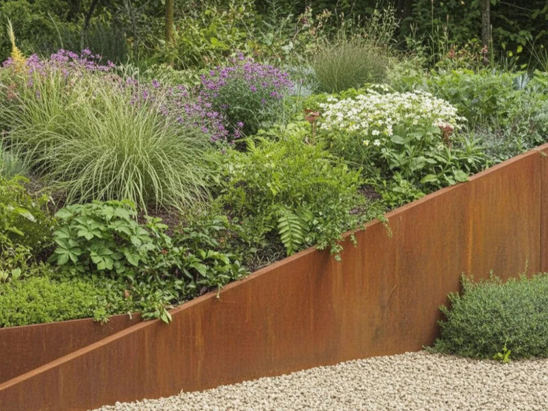 Geneigte Stützmauer aus Cortenstahl mit Blumen im Gartenbeet