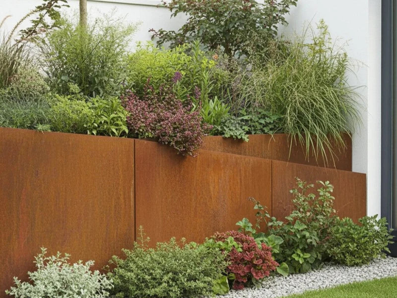 Geneigte Stützmauer aus Cortenstahl mit Stauden im Pflanzbeet