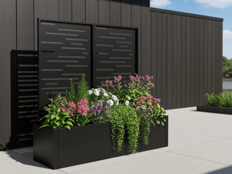 Pflanzkasten mit Rankgitter aus schwarzem Stahl und Stauden