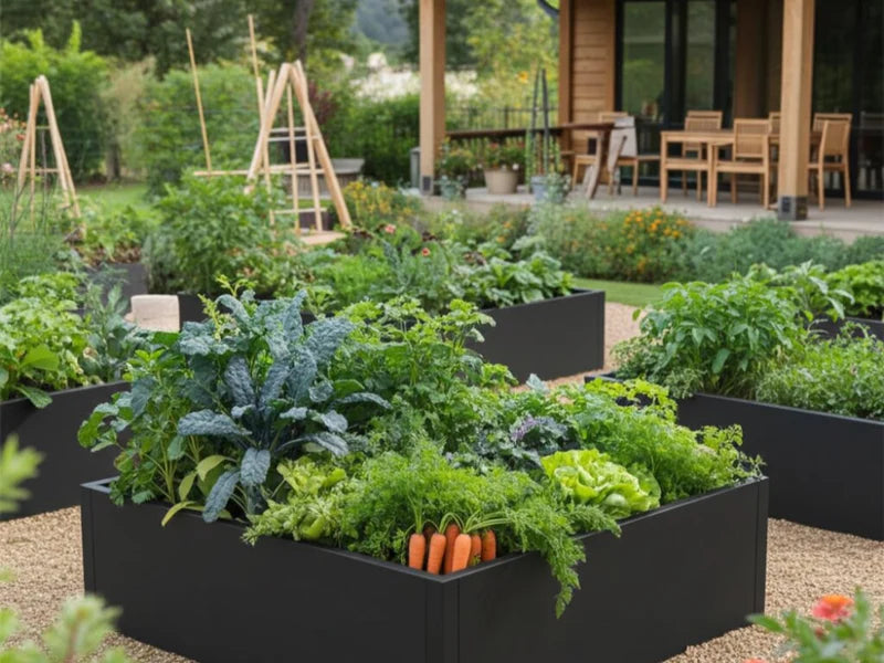 Mehrere Hochbeete aus schwarzem Stahl mit Gemüse im Garten