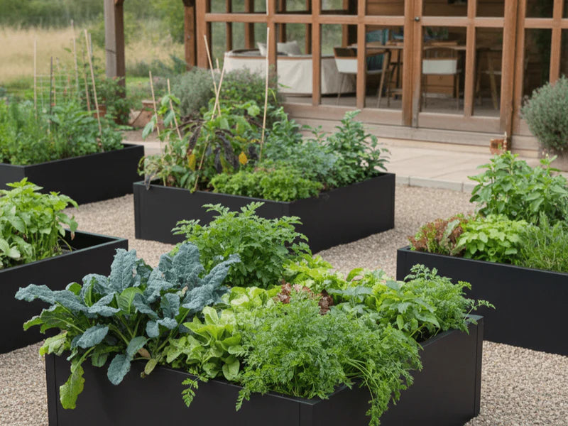 Hochbeete aus schwarzem Stahl mit Gemüse und Kräutern im Küchengarten