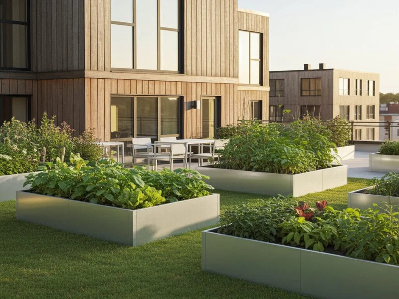 Hochbeete aus verzinktem Stahl mit Gemüse auf moderner Dachterrasse
