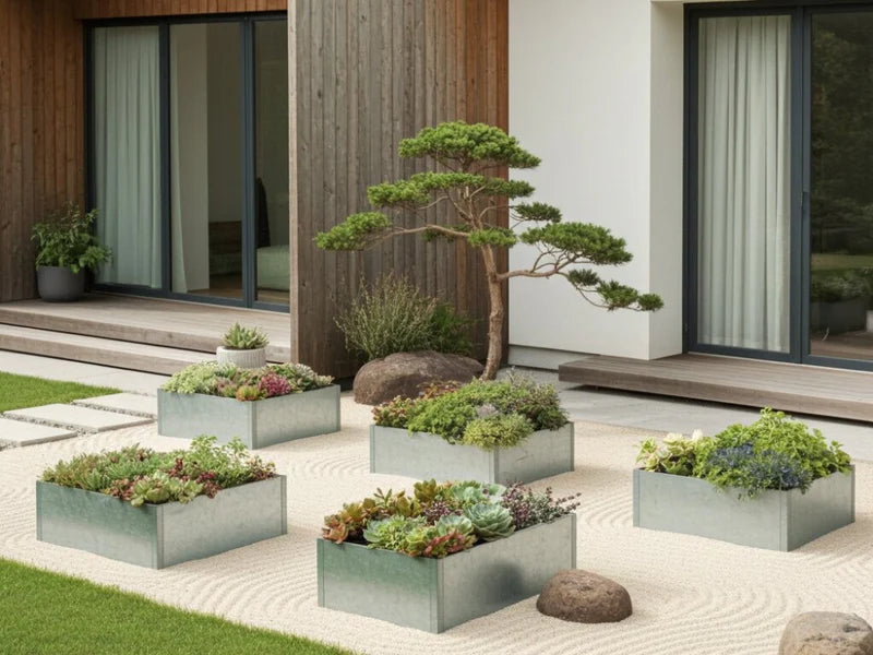 Hochbeete aus verzinktem Stahl mit Sukkulenten und Bonsai im Zen-Garten