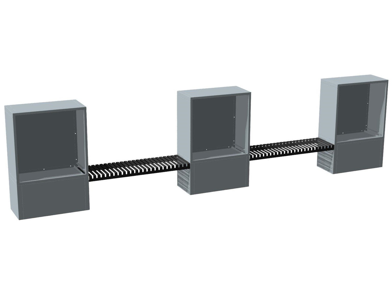 3D-Darstellung eines Holzmodul-Systems aus verzinktem Stahl mit drei Elementen und verbindender Sitzbank