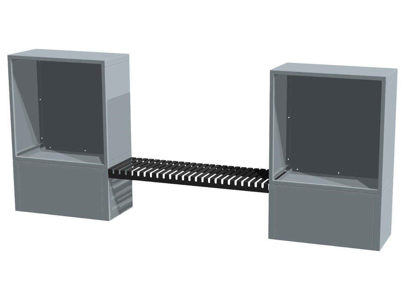 3D-Darstellung von Holzmodulen aus verzinktem Stahl mit verbindender Sitzbank