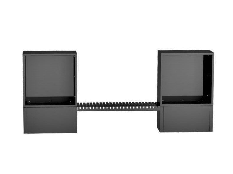 Frontansicht eines Holzregals aus schwarz pulverbeschichtetem Stahl mit Verbindungselement