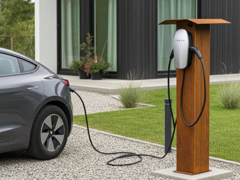 Ladesäule aus Cortenstahl für Elektroauto am Haus