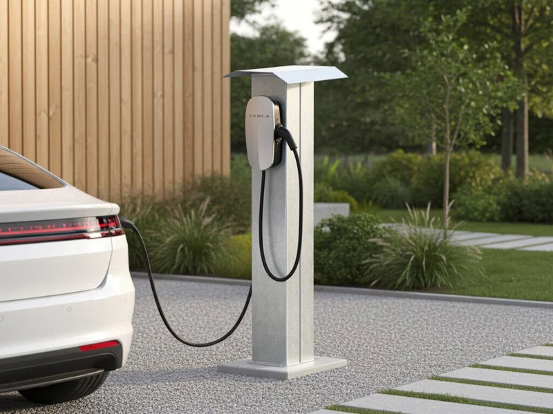 Verzinkte Ladesäule für Elektroauto in der Einfahrt