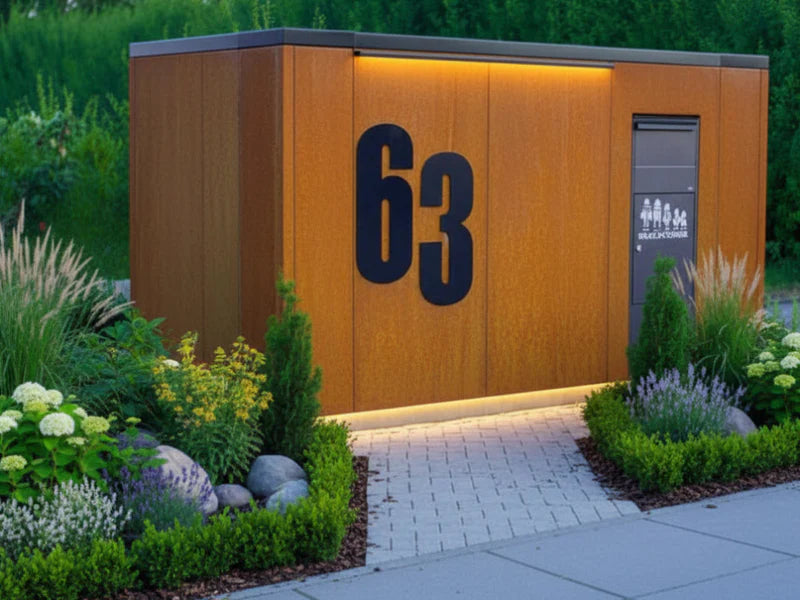 Mülltonnenverkleidung aus Cortenstahl mit Hausnummer und Beleuchtung