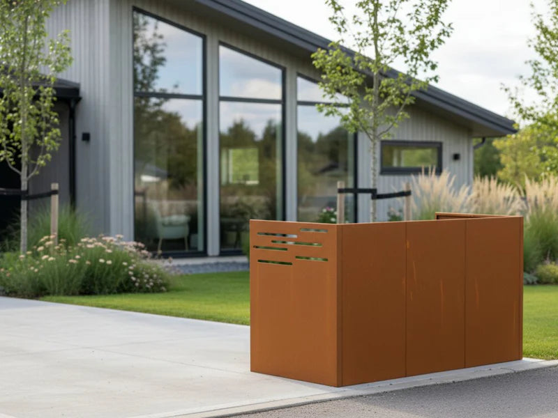 Mülltonnenverkleidung aus Cortenstahl im minimalistischen Design