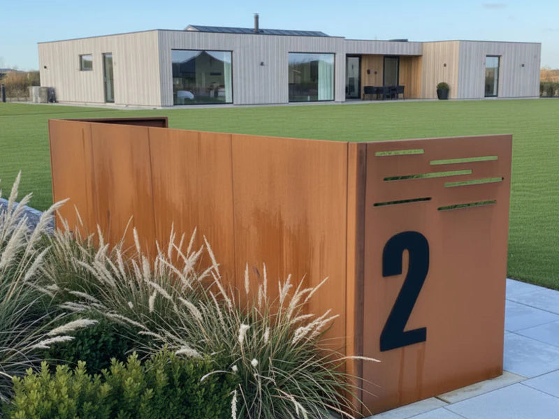 Mülltonnenverkleidung aus Cortenstahl mit Hausnummer