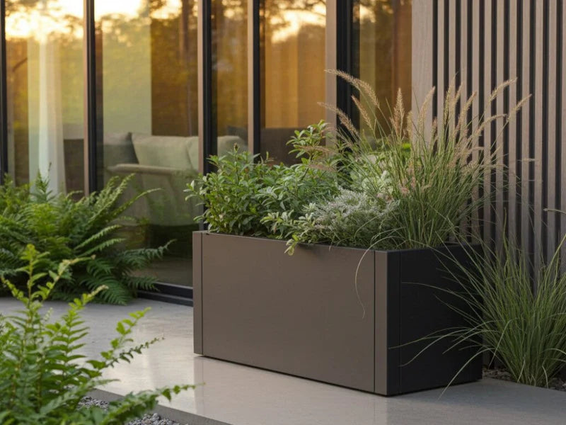 Pflanzkasten aus schwarzem Stahl mit Ziergräsern an moderner Terrasse
