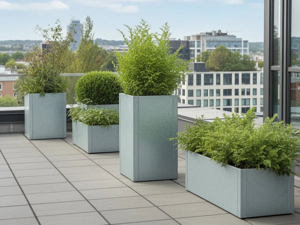 Moderne Pflanzkübel aus verzinktem Stahl auf Terrasse mit verschiedenen grünen Pflanzen