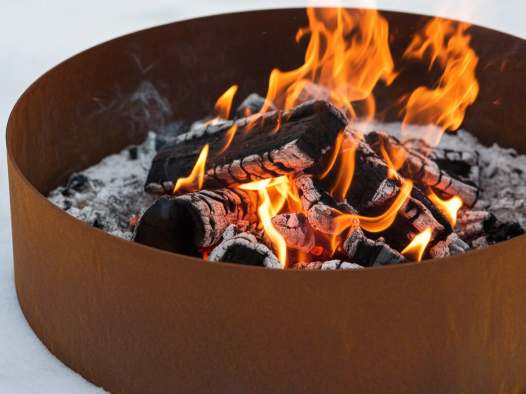 Runde Feuerschale aus Cortenstahl mit brennendem Holz und glühender Asche, Detailaufnahme des Feuers.