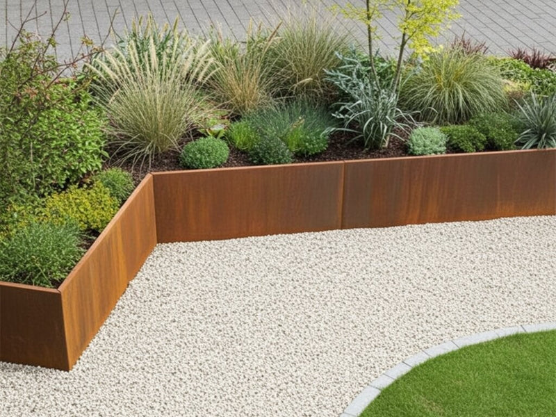 Stützmauer aus Cortenstahl als Beeteinfassung in Sonderanfertigung