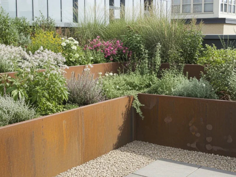 Stützmauer aus Cortenstahl mit Blumen und Ziergräsern