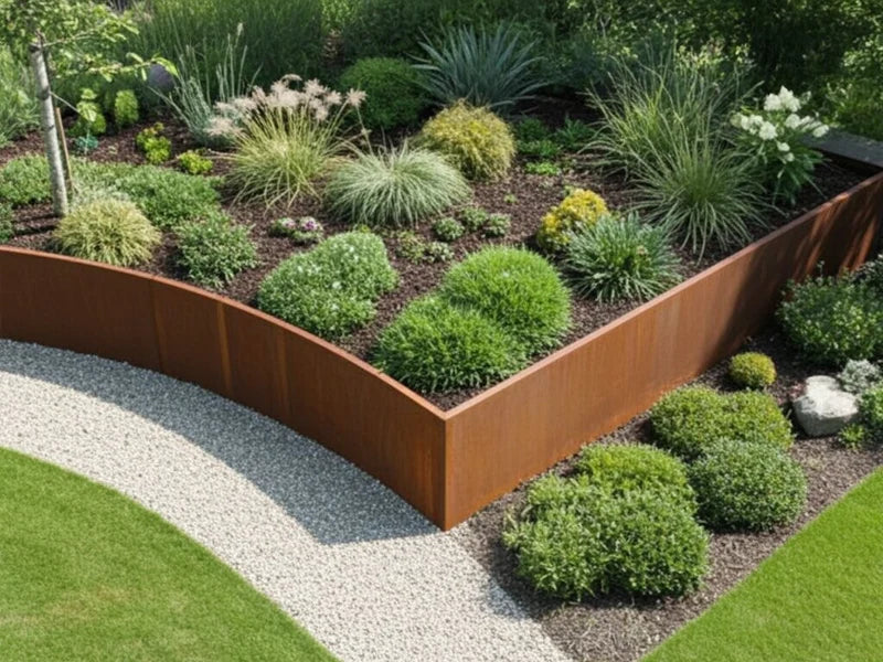 Stützmauer aus Cortenstahl mit Ecke am Gartenbeet